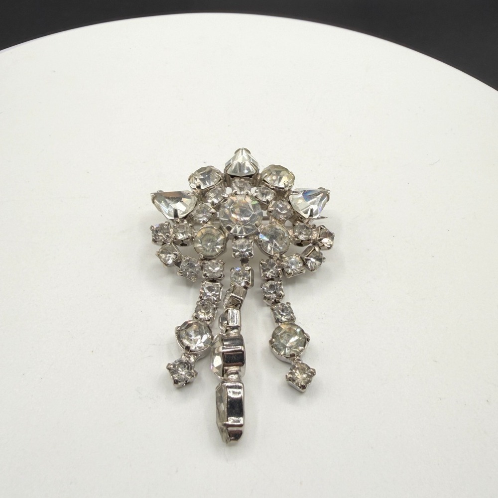 Coro Rhinestone Cascade Dangle Brooch Silver Tone Statement Bridal Glamour Pin